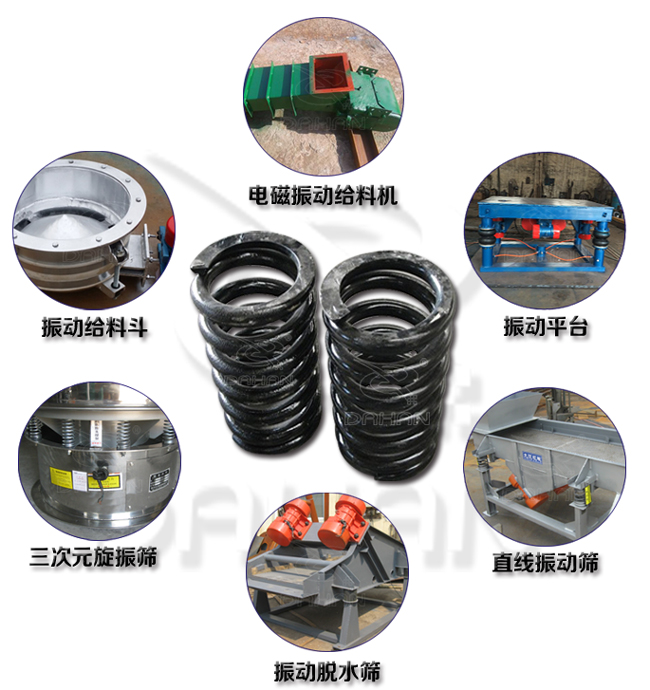 旋振篩減震彈簧適用產(chǎn)品：振動給料機，電磁振動給料機，振動平臺，直線振動篩，振動脫水篩，三次元旋振篩。