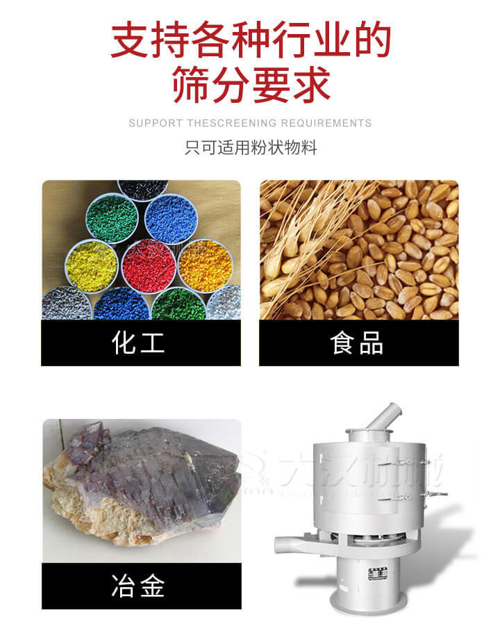 氣流篩用于礦粉，石墨粉，活性納米碳酸鈣，鋁灰，大豆粉，碳酸重鈣，石墨粉，木粉，干草，重金石粉，藥粉末，橡膠顆粒，草酸鹽，干料粉，木粉，聚酯粉，干粉，塑料，金屬粉末，橡膠粉，粉煤灰，石墨粉，陶瓷粉，鋅粉，石英粉，石灰粉，鐵粉，金屬硅粉等。