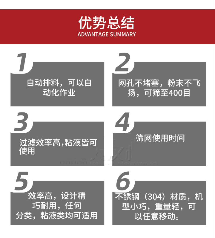 過(guò)濾篩優(yōu)勢(shì)總結(jié)：1，自動(dòng)排料，可以自動(dòng)化作用。2，網(wǎng)孔不堵塞，粉塵不飛揚(yáng)，可篩至400目。3，過(guò)濾效率高，任何粒，粉，粘液也可使用。4，篩網(wǎng)設(shè)計(jì)大大提高了篩網(wǎng)使用時(shí)間，也魏換網(wǎng)提高了方便。5，效率高，設(shè)計(jì)精巧耐用，任何分類設(shè)計(jì)精巧耐用，任何分類，粘液類均可適用。6，不銹鋼材質(zhì)機(jī)型小巧，重量輕，可以任意移動(dòng)。