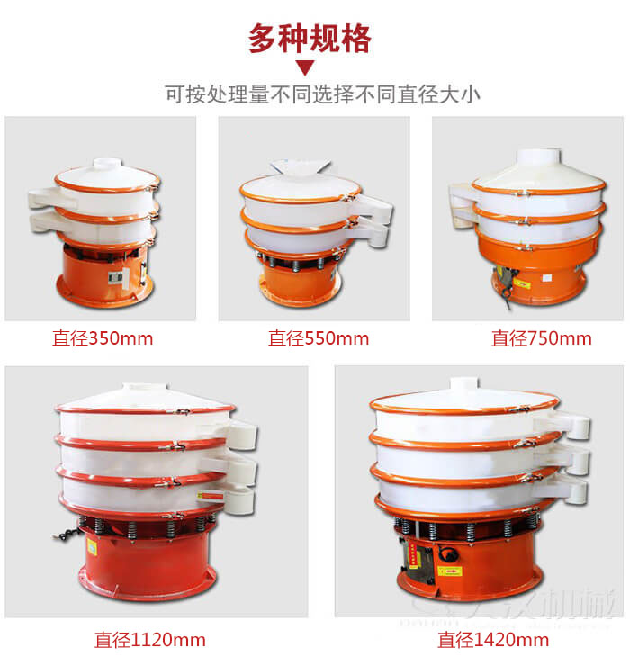 塑料振動篩不同篩分直徑進(jìn)行展示：350，550，750，1120，1420等。