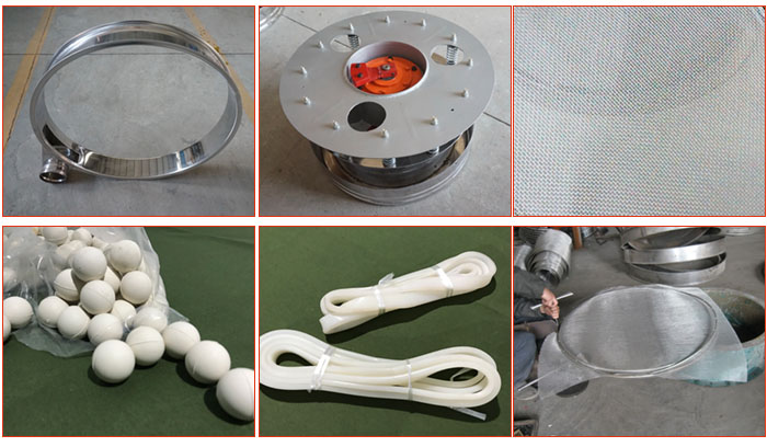 800型全不銹鋼振動(dòng)篩配件有：振動(dòng)篩篩框，電機(jī)，不銹鋼篩網(wǎng)等。