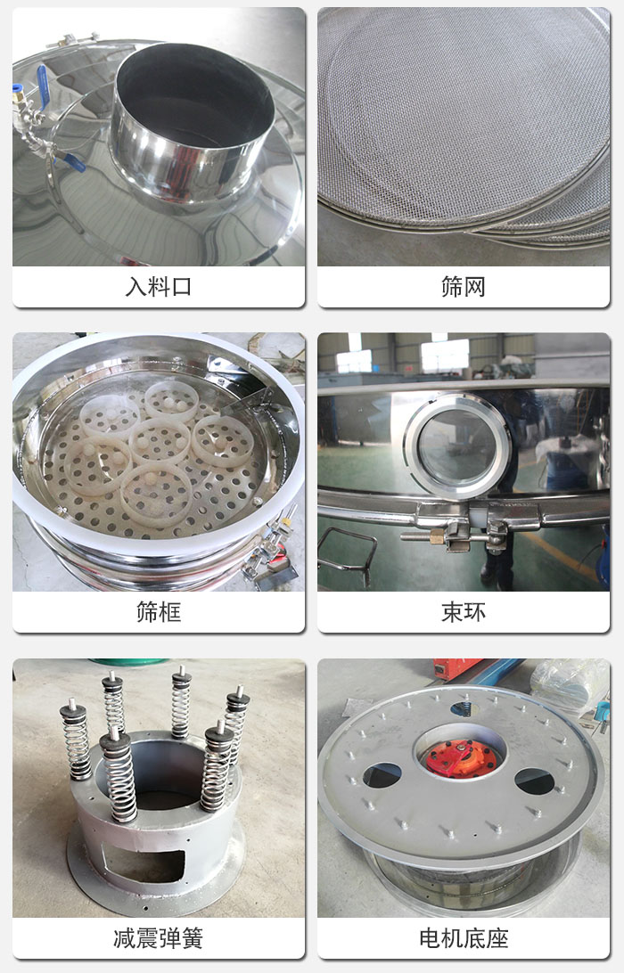 醫(yī)藥振動(dòng)篩有電機(jī)底座，減震彈簧，束環(huán)，篩框，入料口，篩網(wǎng)等部件展示。