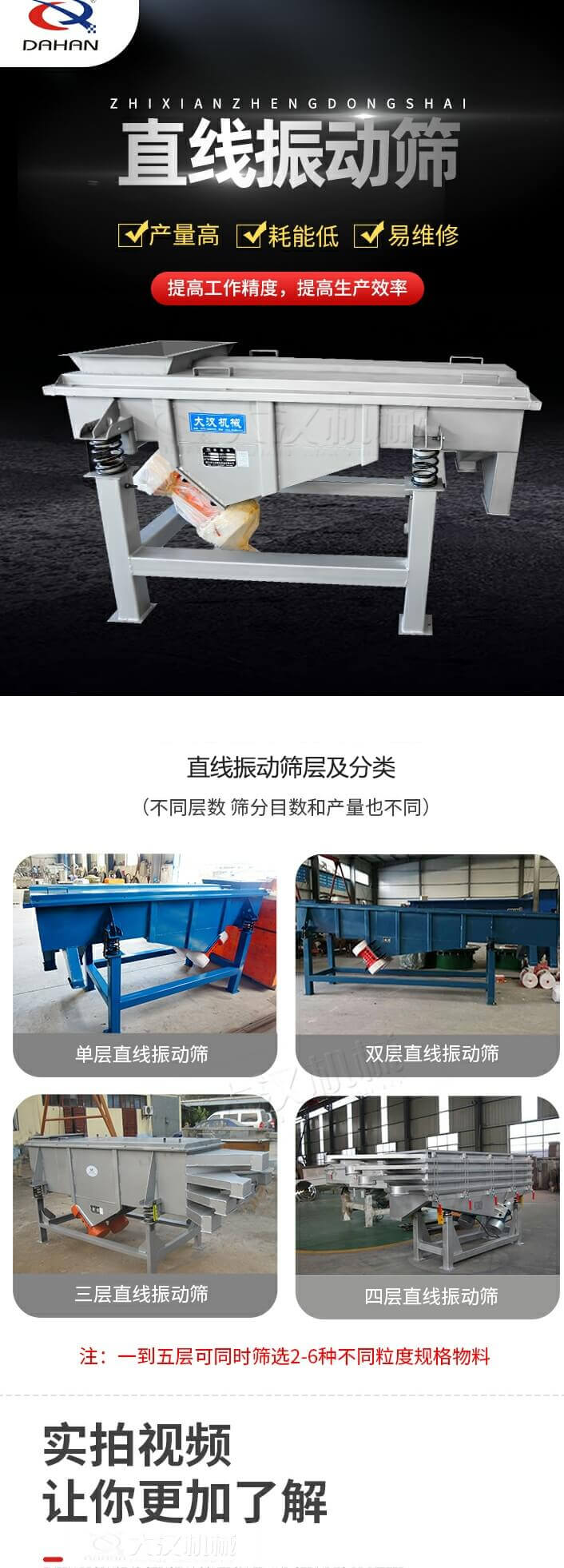 直線振動(dòng)篩概述，產(chǎn)量高，耗能低，易維修，提高工作精度，提高生產(chǎn)效率，直線振動(dòng)篩層級(jí)分類：不同層數(shù)，篩分目數(shù)和產(chǎn)量也不同：?jiǎn)螌?，雙層，三層，四層等。